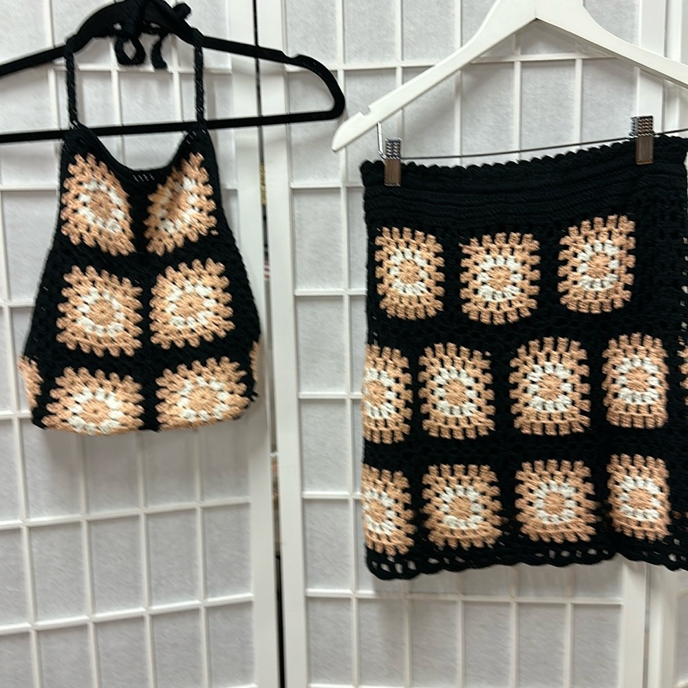 Pink Lily Black Crochet Two-Piece Skirt Set with Cream and Tan Accents